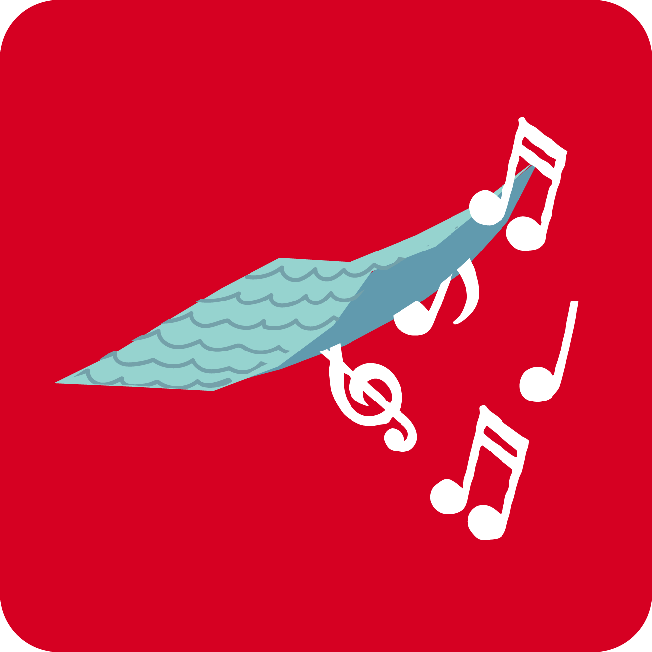 Kuvitettu tiskirätti ja musiikkisäveliä.