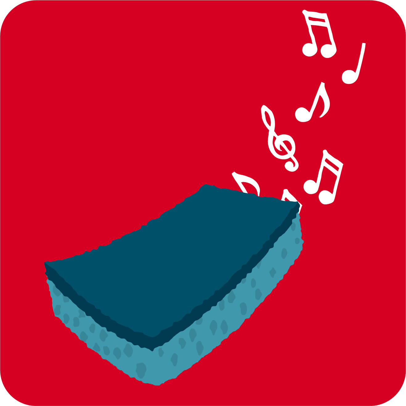 Kuvitettu siivoussieni ja musiikkisäveliä.
